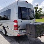 Rear view of a silver Winnebago Touring Coach Mercedes Sprinter van with a GearDeck cargo carrier mounted on the hitch