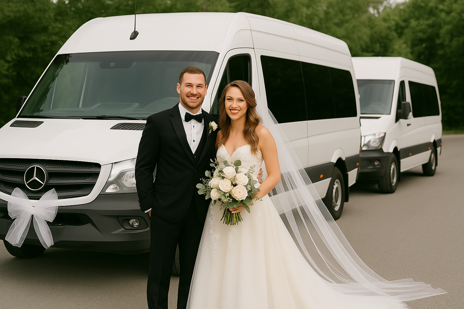 Bride and groom smiling in front of two white Mercedes-Benz Sprinter vans decorated with a bow for their wedding day