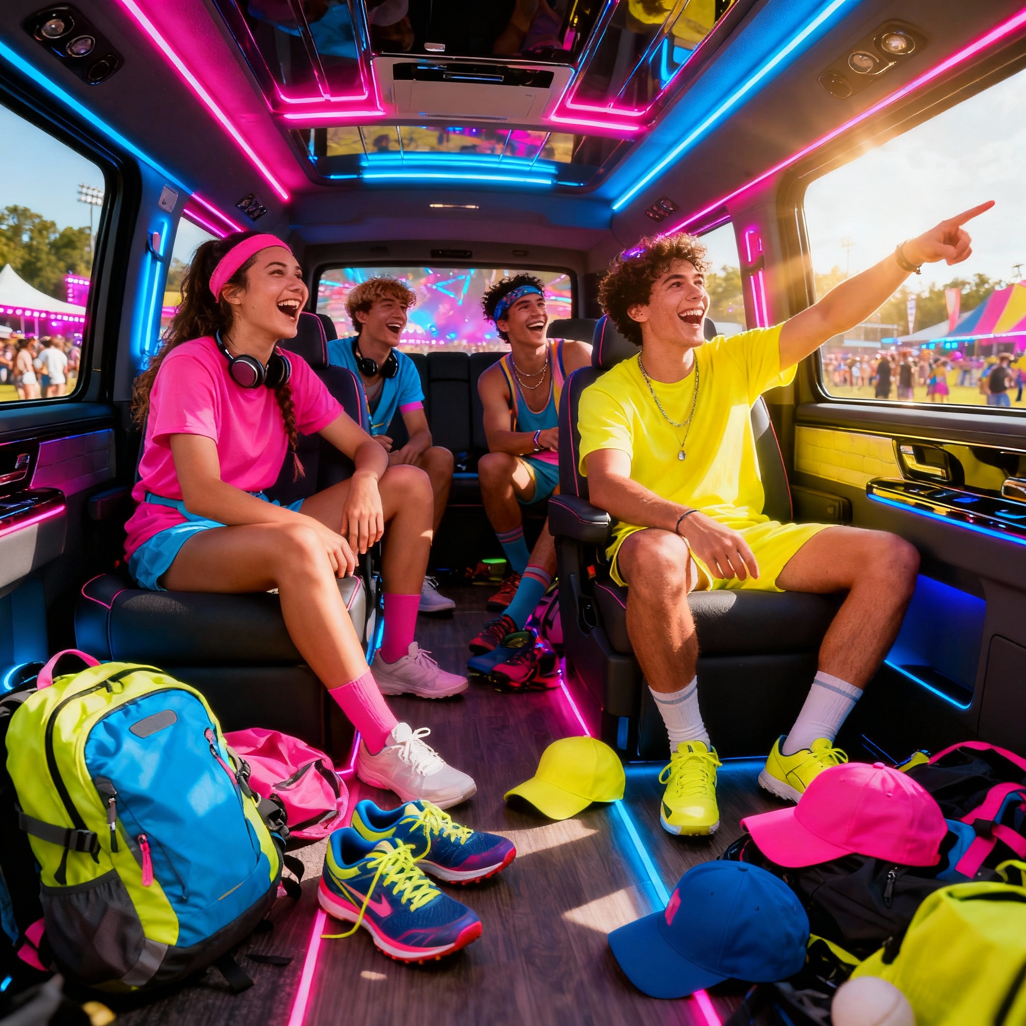 Four excited young people in neon festival outfits laughing inside a neon-lit van, with a music festival visible through the window