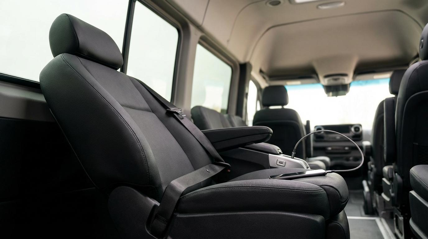 Interior of a passenger van with black leather seats, seatbelts, and large windows along the cabin