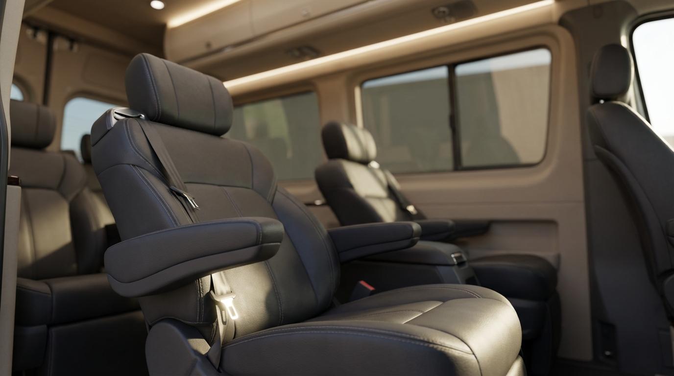 Interior of a passenger van with rows of dark leather captain's chairs, armrests, and ambient overhead lighting