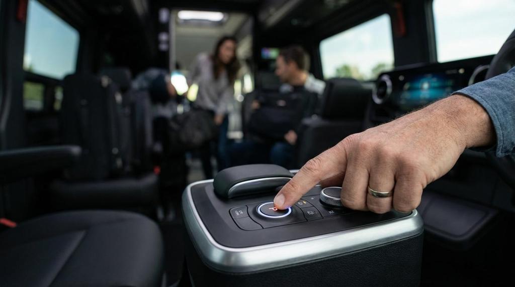 Driver's hand pressing an illuminated control button on a van's center console, with passengers visible in the background